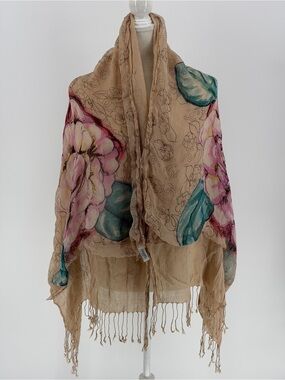 Chanel interlocking CC Logo Camellia Flower Printed Double Layer Fringe Shawl